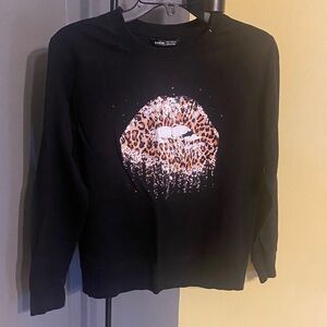 SHEIN Black Sweatshirt with Leopard Sequin Lips Graphic